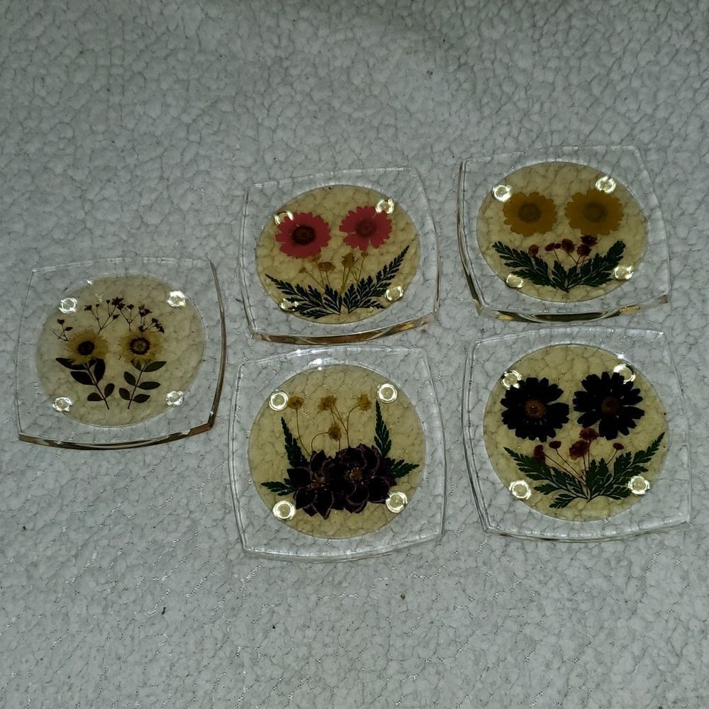 Vintage Lucite Pressed Flower Drink Coasters Set of 5